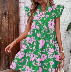 Green Boho Womens Floral Print Butterfly Sleeve Ruffle Hem Smock Dress